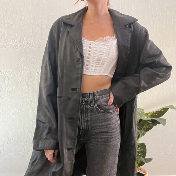 Vintage 1990's Black 100% Leather Double Breasted Button Up Blazer Jacket - Picture 5 of 7